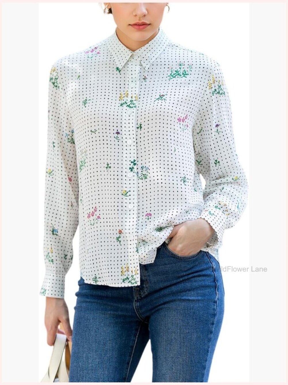 Real Silk Button Down Shirt Long Sleeve V Neck Blouse Business Casual